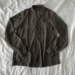 Olive Green Long Sleeve Blouse With Lace Up Detail